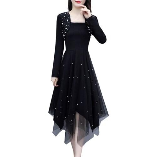 Plus Size Spring Summer Womens Dresses 2021 New Black Fake Two-Piece Dress Waist Thin Irregular Beaded Mesh Female Dress Tide