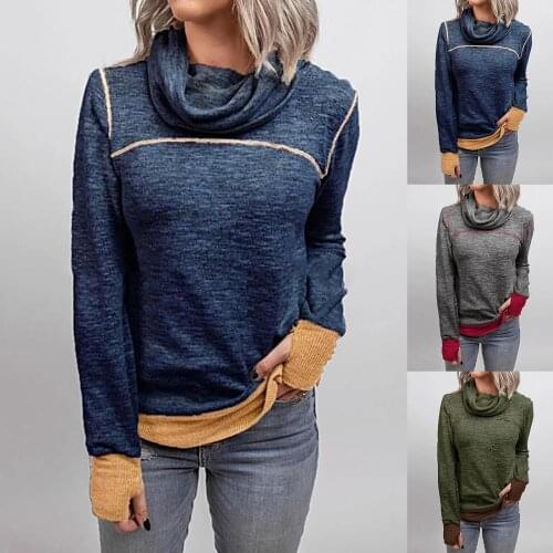 Women Autumn Winter Patchwork Sweatshirt Turtleneck Long Sleeve Sweatshirt Blouse Pullover Vintage Oversize Loose Clothes 2021