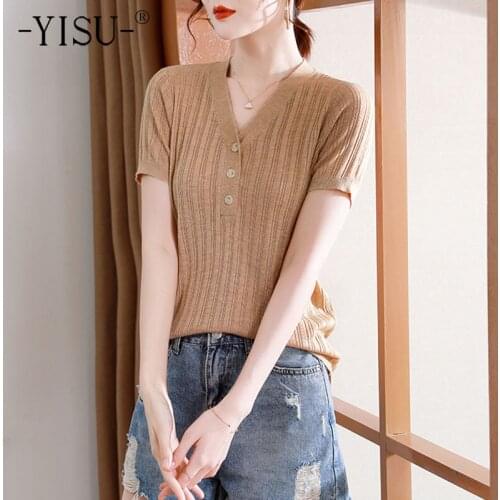 YISU Thin section Summer Womens sweaters Summer tops Solid color V-Neck Buttons Short sleeve Jumper Sweater Knitted Pullover
