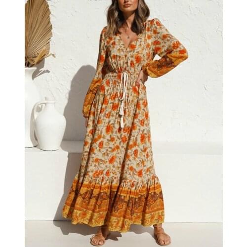 Happie Queens women long sleeve tie neck tassel Ethnic floral print beach Bohemian maxi dress Ladies rayon Boho dress vestidos