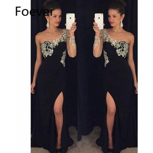 2019 One Shoulder Evening Dresses Long with Crystals Beaded Long Sleeves Front Slit Chiffon Evening Party Dress for Women