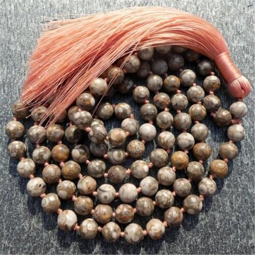 8mm Natural Veins Stone 108 Beads Handmade Tassel Necklace Japa Meditation Classic Retro Religious Yoga Spiritua Prayer Chakra