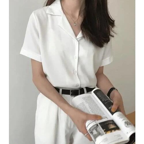 Deeptown Plain White Button Up Shirt Women Summer Cardigan Short Sleeve Chemise Elegant Female Blouses Oversize Solid Casual New