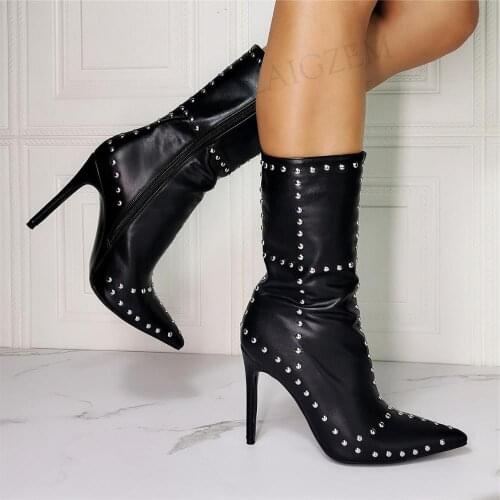 DOBANER Women Ankle Boots Zip Up Metal Studs Faux Leather Booties Femmes Bottes Rivets Ladies Shoes Woman Plus Size 43 44 46 47