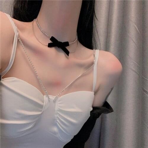 Kpop Goth Aesthetic Short Black Bow Crystal Pendant Clavicle Chain Choker Necklace For Women Egirl Wedding Party Accessories