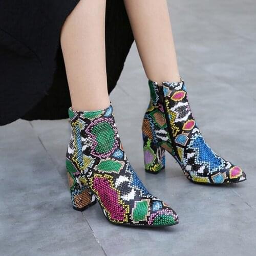Colorful Snake Skin Pu Ankle Boots Women High Heels Booties Female Sexy Party Shoes Ladies Pointed Toe Shoes Women Autumn Winter