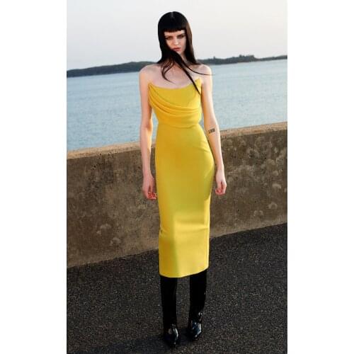 Summer New Yellow Bodycon Dress Vintage Vestios Elegant Celebrity Woman Party Dress Summer Midi Dress