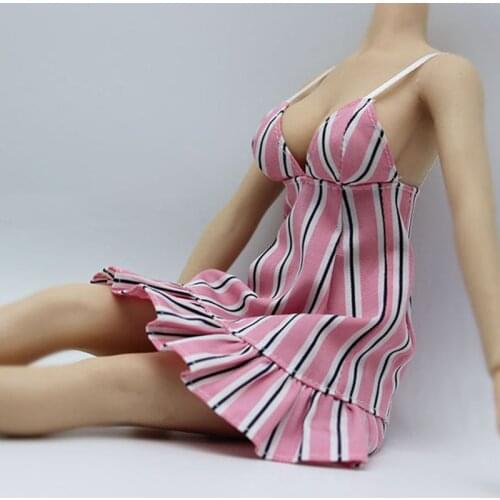 1/6 Scale Female Soldier Pink Striped Suspender Dress Model for 12" Action Figure Large Bust Body