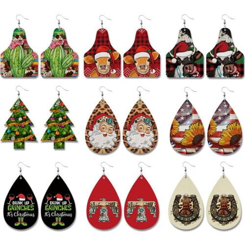 Fashion Western Cowboy Teardrop Retro Pu Leather Christmas Drop Earrings Women Bijoux Cow Santa Claus Cactus Pattern Collection