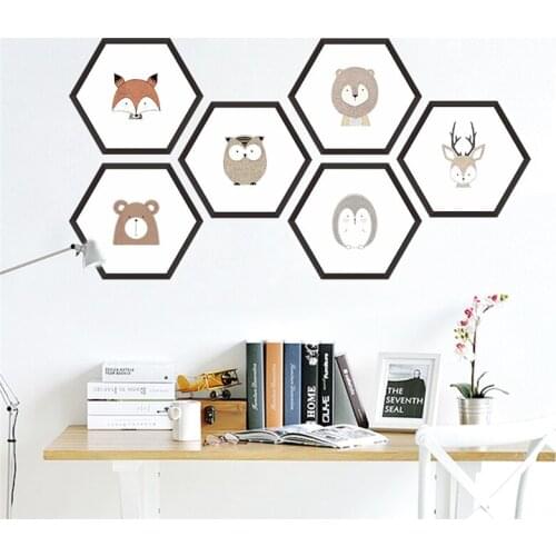 Hexagon Animal Portrait Wall Art Stickers For Office Living Room Bedroom Home Decorations 3d Cartoon Safari Wall Mural Decal