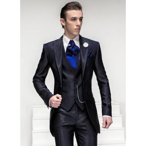 Latest Coat Pant Designs Italian Navy Blue Satin Men Prom Suit Custom Classic Slim Fit Groom Tuxedo 3 Piece Blazer Masculino