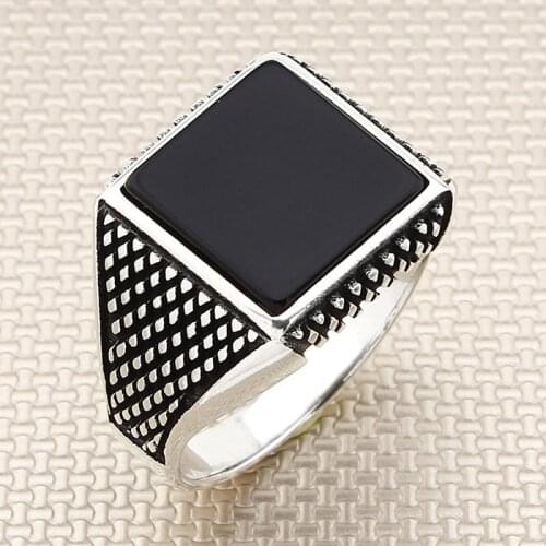 Oxidized Square Black Onyx Stone Men Silver Ring Made in Turkey Solid 925 Sterling Silver