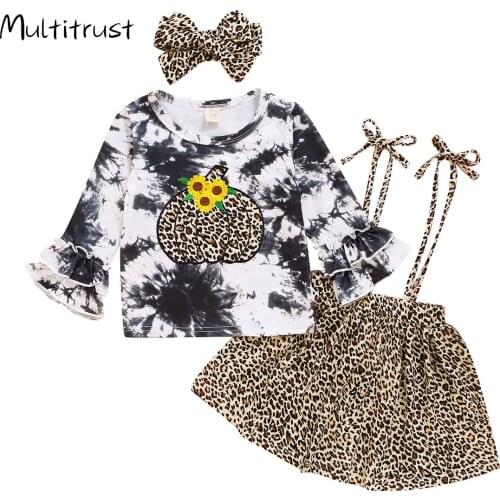 1-6Y Halloween Style Spring Autumn Kid Baby Girls Flare Sleeve Tie Dye Print T-shirts+Leopard Strap Skirts+Headband Outfits Sets