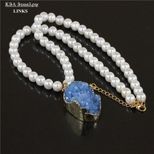 Natural crystal deep blue druzy stone necklace white round pearl beads drusy quartz stone pendant necklace statement jewelry
