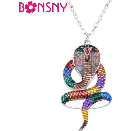 Bonsny Statement Alloy Enamel Jungle Snake Cobra Necklace Chain Pendant Collar Elegant Animal Jewelry For Women Girls Gift Party