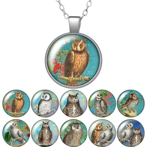 Vintage Owls Hope Faith Animals Round Pendant Necklace 25mm Glass Cabochon Silver color/Crystal Jewelry Women Birthday Gift 50cm