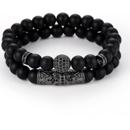 2 Pcs/set Fashion Couple Natural Pumice Stone Bracelets Bangles Classic Black White Charm Bead Bracelet Women Men Jewelry Gift