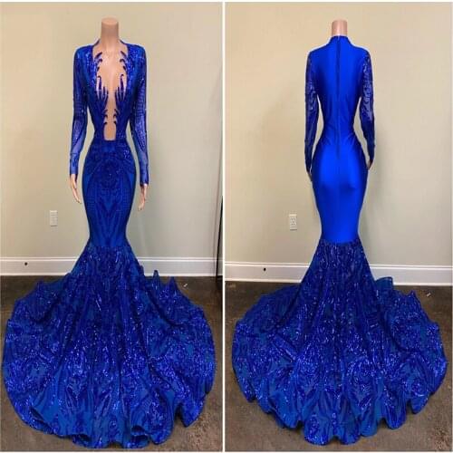 2021 Long Sleeves Sequined Prom Dresses Mermaid Royal Blue for Black Girls Celebrity Sexy African Formal Evening Gowns