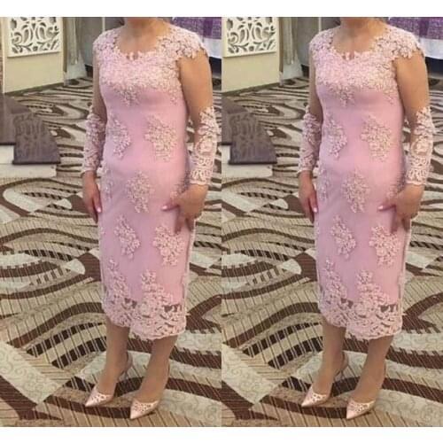 Pink Mother of the Bride Dresses With Long Sleeves Appliqued Illusiuon Tea Mid-Calf Formal Wedding Party Evening Gown Women