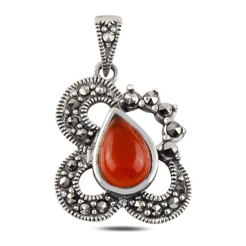 Silver 925 Sterling Red Agate & Marcasite Pendant