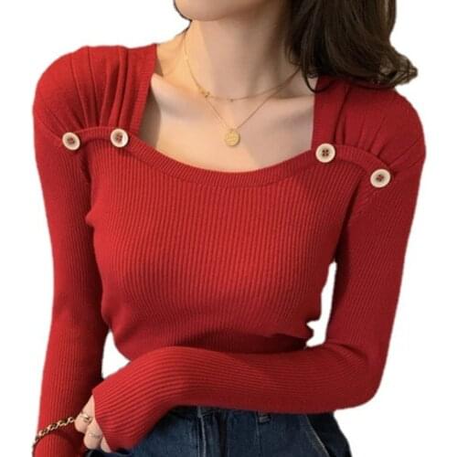 Women Sweater Square Collar Sweaters Vintage Long Sleeve Knitwear Botton Slim Fit Pullovers Women Clothes Jumpers Spring Autumn