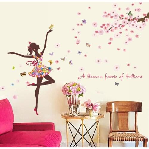 Dancing girl flying flower butterflies wall stickers for kids rooms living room home decor cartoon pvc wall decals art diy mural