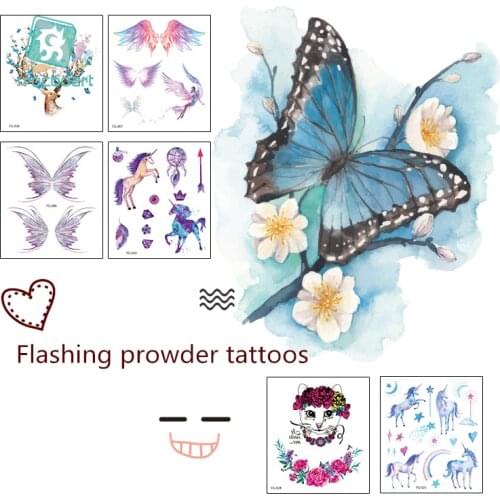 Rocooart FG Powder Temporary Tattoo Body Art Butterfly Mermaid Unicorn Peacock Women Tattoo Water Transfer Fake Tattoo Sticker