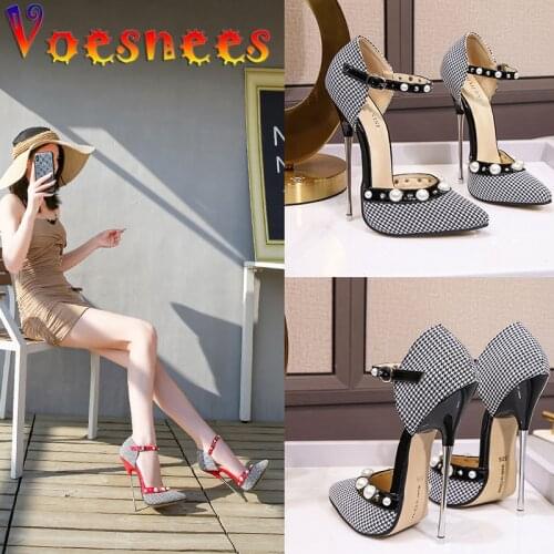Houndstooth Pearl Womens Pumps Thin Super High Heels Pointed Mixed Colors Comfortable Shoes Wild Buckle Strap Party Women Shoes