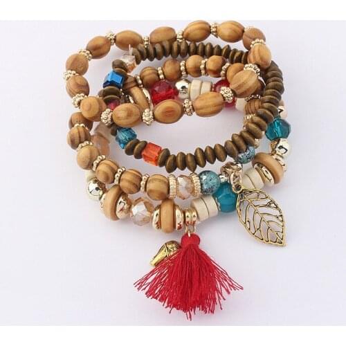 Vintage Multilayer Wooden Beaded Female Bracelets Trendy Geometric Leaves Elephant Tassel Pendant Bracelets Jewelry for women