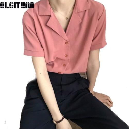 New 2020 Summer Temperament Wild Suit Collar Chiffon Lapel Short-Sleeved Shirt Solid Color Shirt Female BS308