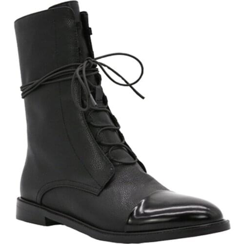 Fashion Martin Women Boots Comfortable Cowhide Fabric Cross Lace 2.5CM Thick Heel Autumn Winter Womens Shoes