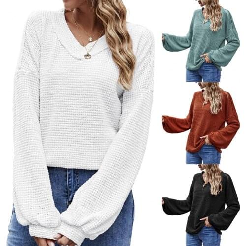Women Solid Color Long Sleeve V Neck Puff Sleeve Knitwear Blouse Top Pullover Blouses and Top Women Casual Clothing Femme