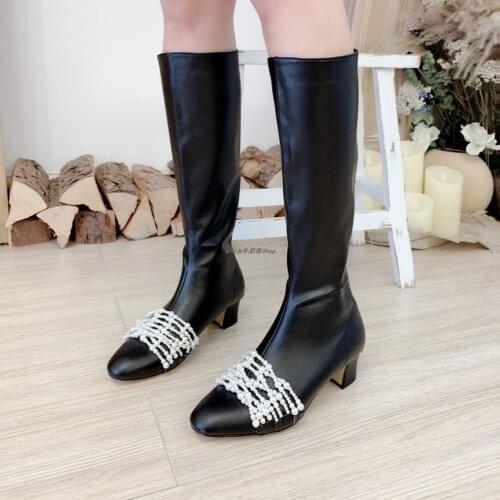 Womens Round Toe Real Leather Knee Thigh High Boots Block Chunky Heel Pearls Decor Riding Winter Shoes Black C1024