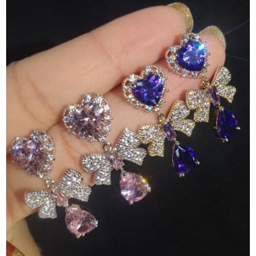 Korean Fashion Jewelry 925 Silver Zircon Earrings Cute Heart Shiny Drops Earrings Dangle Wedding Party Earrings for Women 2020