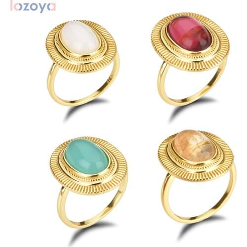 LOZOYA 925 Sterling Silver Rock Punk Four Color Ring Ovals Gemstone Women Fashion Party Luxury Jewelry For 2021Crystal Zircon