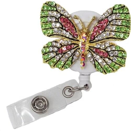 10 pcs/lot Hot Sale Butterfly Animal Rhinestone Retractable ID Badge Reel With Alligator Clip