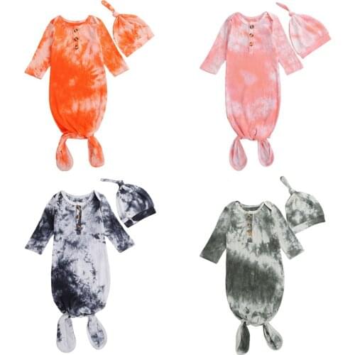 2020 Baby Sleeping Bags+Hat Newborn Baby Unisex Cotton Swaddle Wrap Blanket Long Sleeve Ribbed Tie Dyeing Sleeping Bag 2Pcs Sets