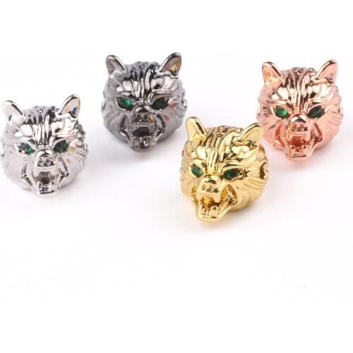 3pcs/lot 11*11mm Green CZ Wolf head Beads for Jewelry Making DIY Copper Spacer Beads fit Bracelet Jewelry Accessories Wholesale
