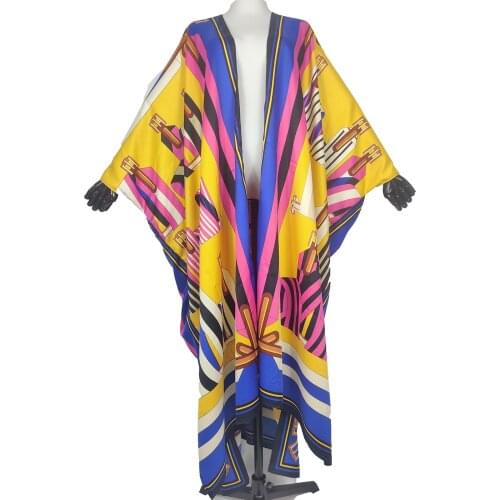 African Summer New Printed Silk Duster Coat For Women Middle East Popular Open Front Swimwear Kaftan Cardigans For lady
