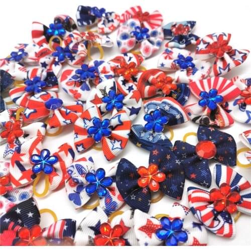 50pcs Independence Day Hand-made Small Dog Hair Bows Rubber Band Pet Hair Accessories Dog Hair Elastic Bands Cat Decoration Bows