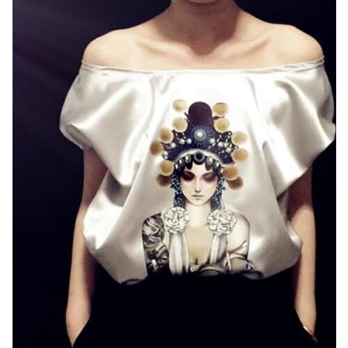 Womens summer short sleeve face print imitation satin shirt female sexy slash neck casual loose basic chic Blouse TB629