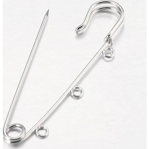 100pcs Large Iron Kilt Safety Pins Brooch Findings Pin for Kilt Brooch Crafts DIY Making With 3 Loops, 75mm, Hole: 3mm F60