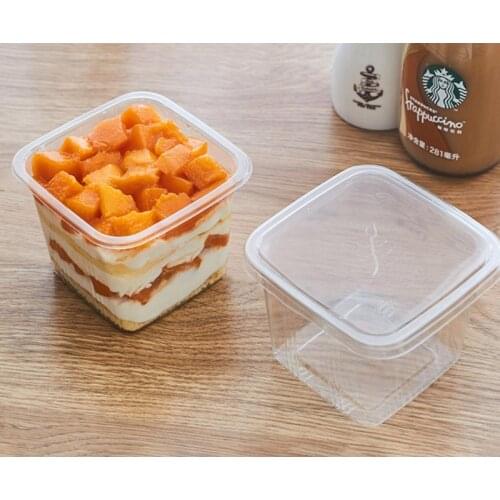50PCS 300ml Dessert Cups Pudding Jelly Ice Cream Plastic Cups Creative Square Transparent Cake Box Decoration Supplies with Lids