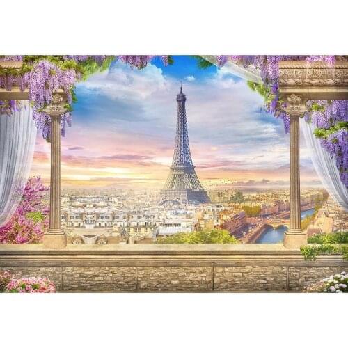 Eiffel Tower Theme Photo Background Vintage Stone Wall And Stone Pillar With White Curtain And Lavender Backdrop For Studios
