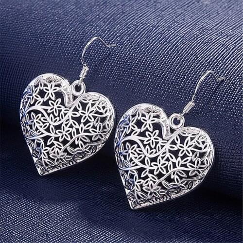 Hot 925 Sterling Silver Retro Carved heart earrings for woman High quality fashion elegant Jewelry Christmas Gifts party wedding