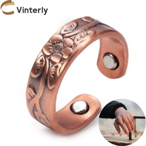 Vinterly Flower Pure Copper Rings Magnetic Vintage Adjustable Open Cuff Ring Simple Wedding Engagement Rings for Women Arthritis