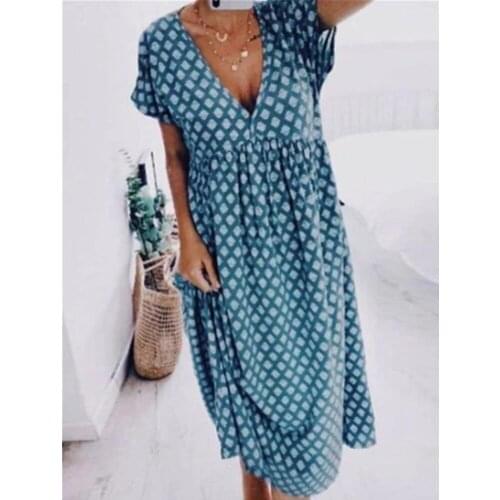 Women Vintage Floral Print Dress V-Neck Slim High Waist Dresses Femme Vestidos Plus Size Clothing for Women Loose Sundress