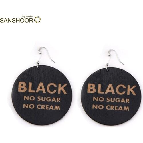 SANSHOOR 6cm Black No Sugar No Cream Engraved Wooden Dangle Earrings for Women Gifts 1Pair
