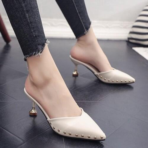 Miaoguan Thin Heels Ladies Dress Women Shoes Rivet Solid Summer Sandals for Female Lady Simple Casual Pointed Toe Slip-on 2021