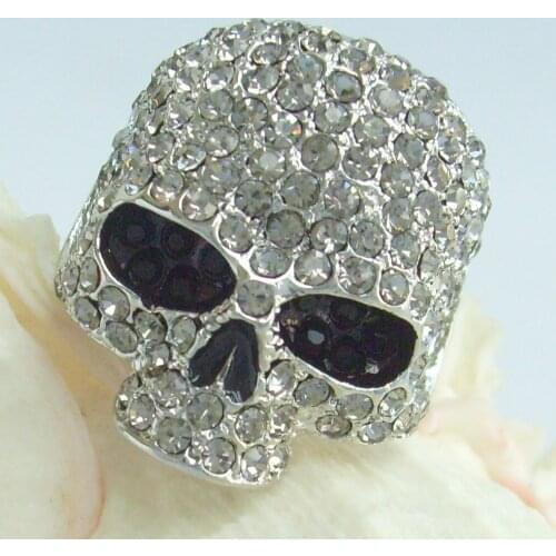 Unique Adjustable Halloween Skull Skeleton Ring Gray Rhinestone Crystal Art Deco Party Gift CR169C1